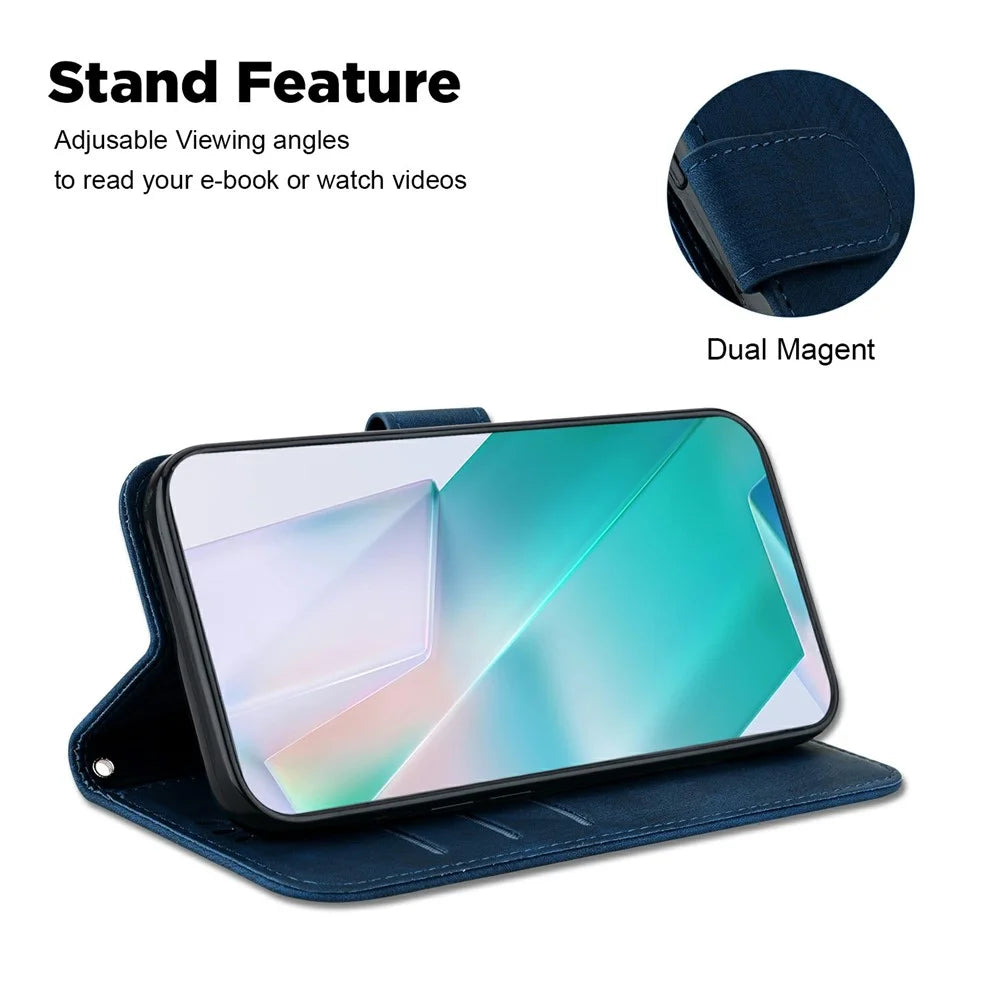 For iPhone 17 Wallet Case Tiger Imprint Leather Shockproof Phone Cover with Wrist Strap - Dark Blue - 6
