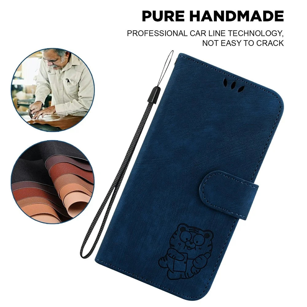 For iPhone 17 Wallet Case Tiger Imprint Leather Shockproof Phone Cover with Wrist Strap - Dark Blue - 7