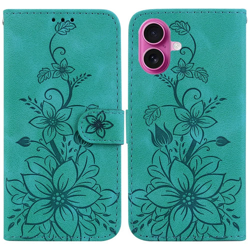 For iPhone 17 Stand Case Lily Flower Imprint Leather Phone Cover with Wrist Strap - Green - 1