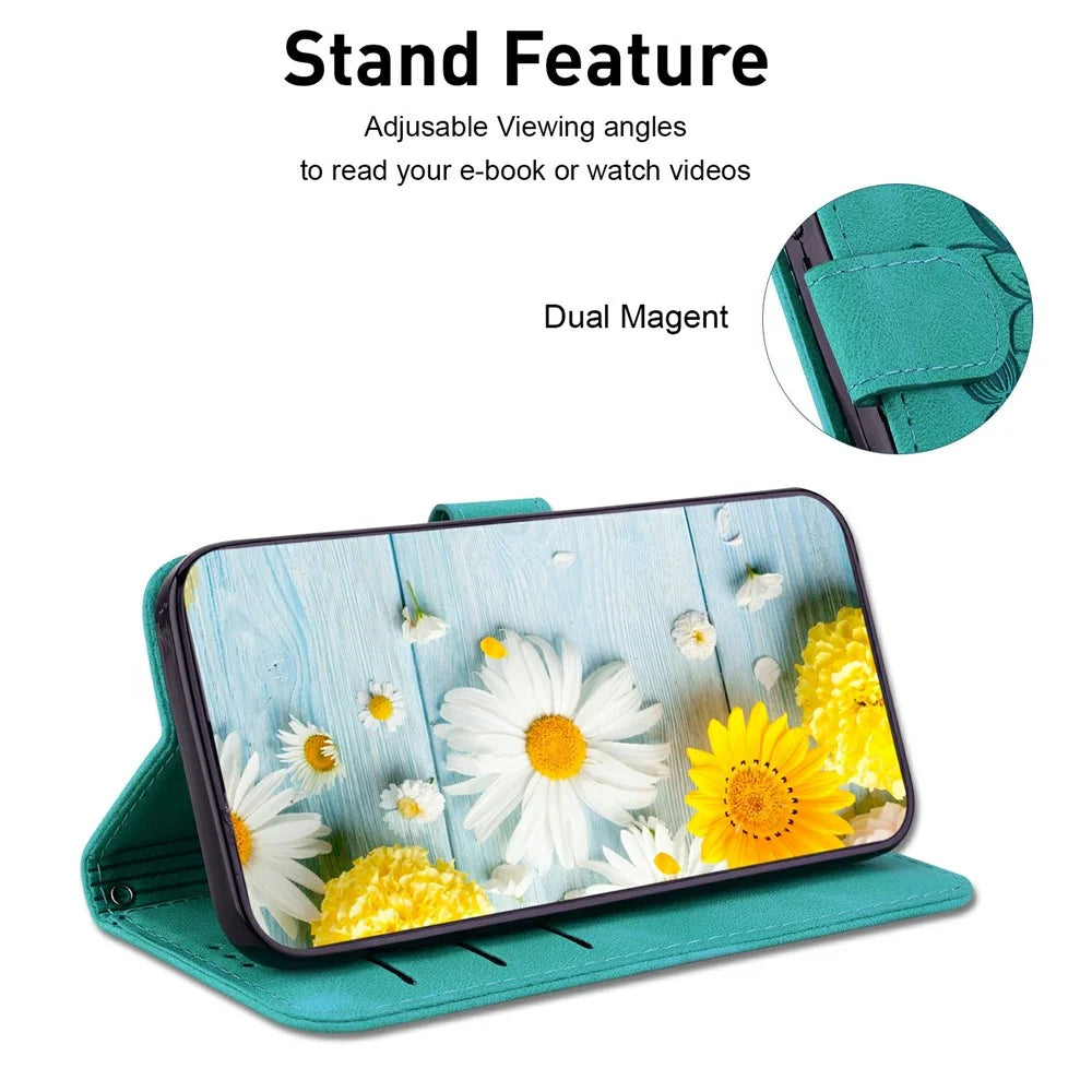 For iPhone 17 Stand Case Lily Flower Imprint Leather Phone Cover with Wrist Strap - Green - 2