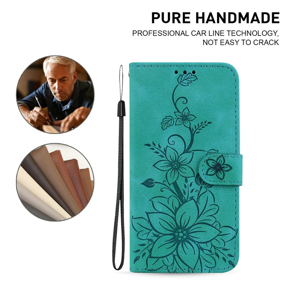 For iPhone 17 Stand Case Lily Flower Imprint Leather Phone Cover with Wrist Strap - Green - 5