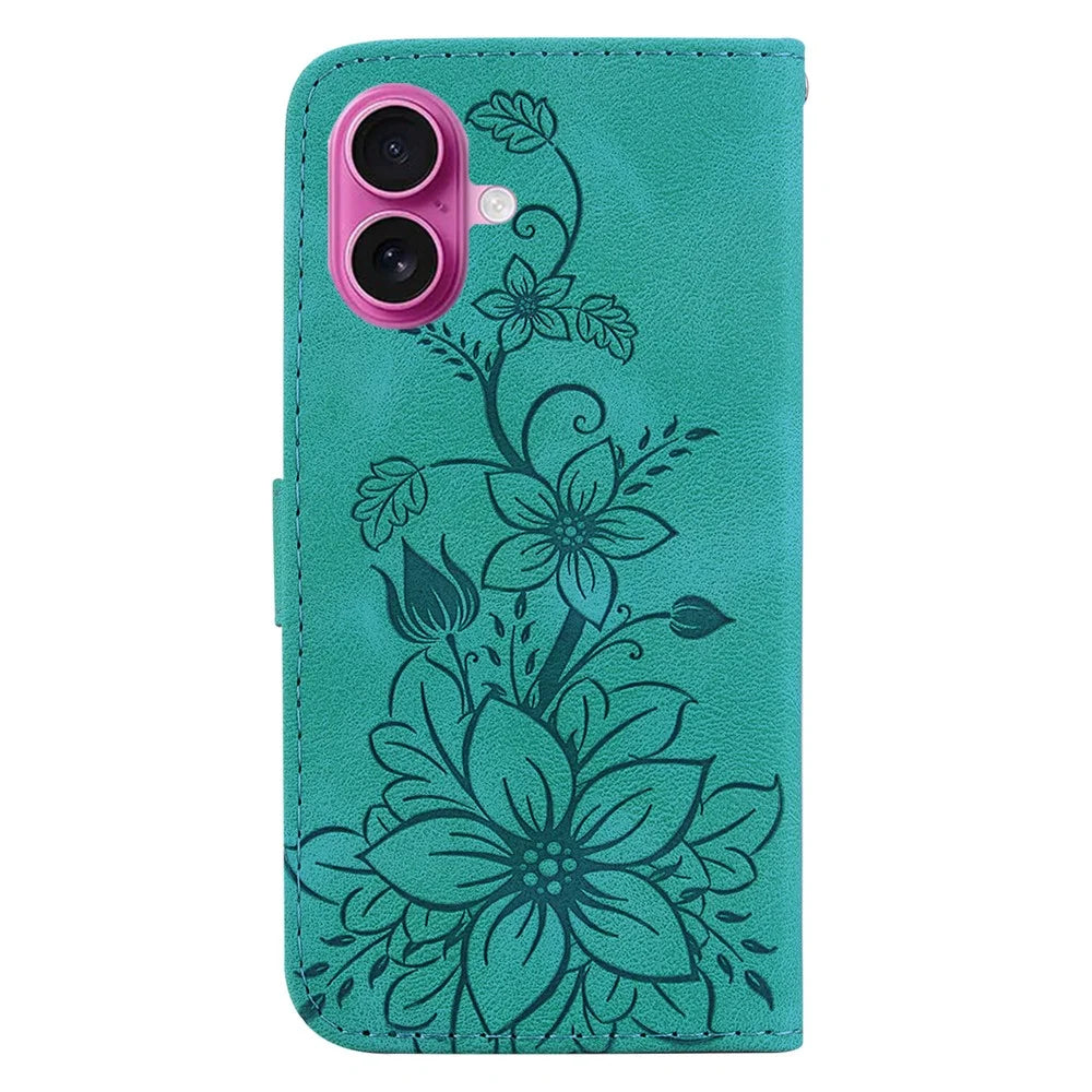 For iPhone 17 Stand Case Lily Flower Imprint Leather Phone Cover with Wrist Strap - Green - 7