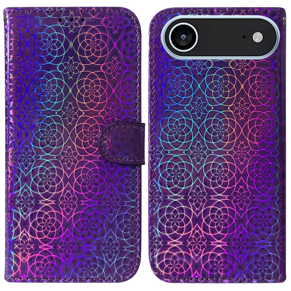 For iPhone Air Stand Case Dazzling Flower Leather Phone Cover with Wrist Strap - Purple - 1