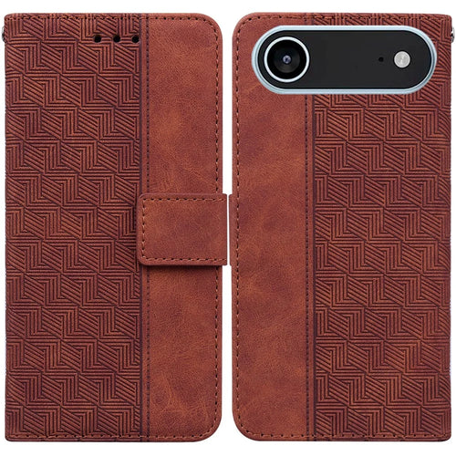 For iPhone Air Case Geometry Pattern Leather Wallet Phone Cover with Wrist Strap - Brown - 1