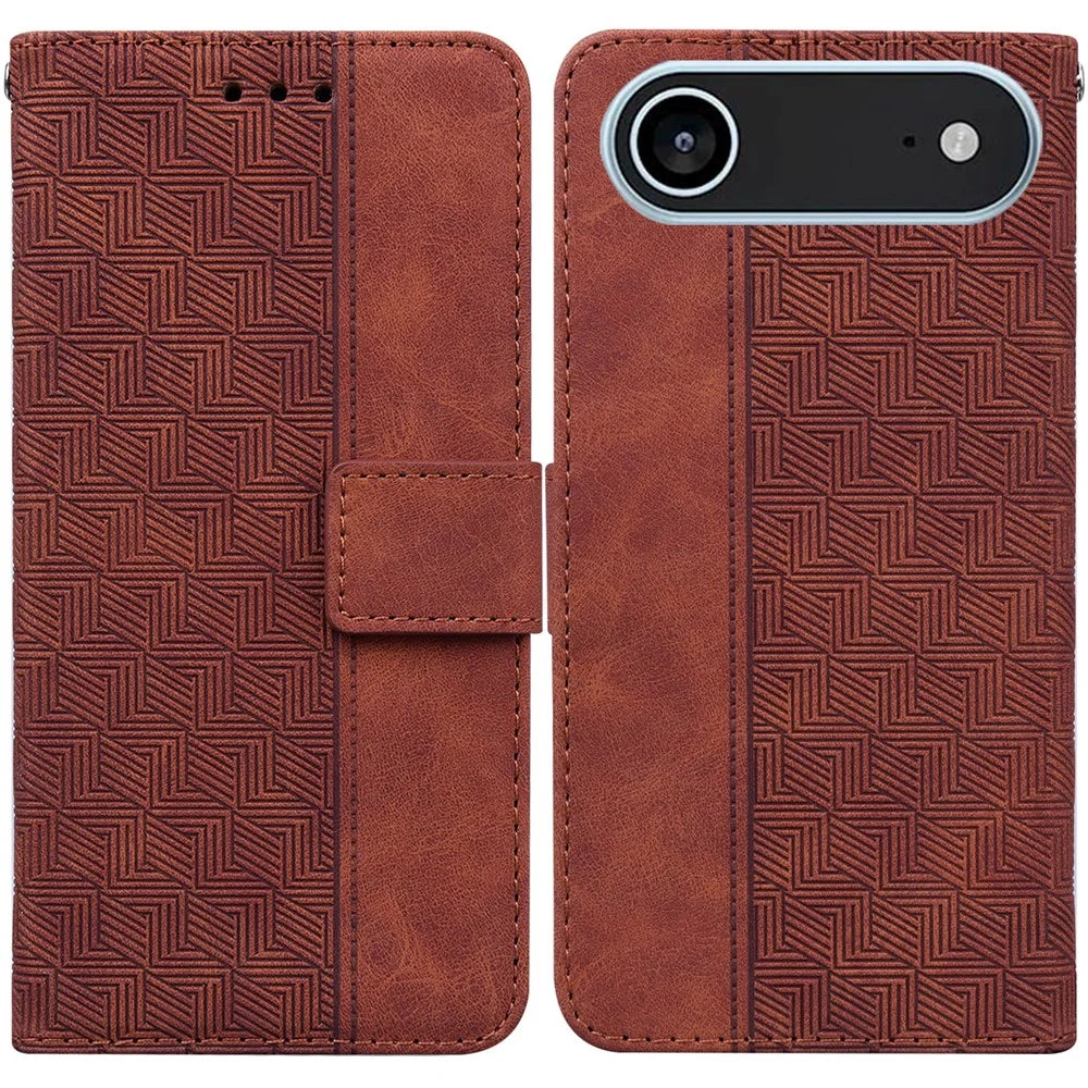 For iPhone Air Case Geometry Pattern Leather Wallet Phone Cover with Wrist Strap - Brown - 1