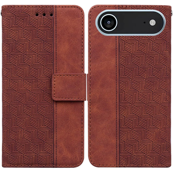 For iPhone Air Case Geometry Pattern Leather Wallet Phone Cover with Wrist Strap - Brown - 1