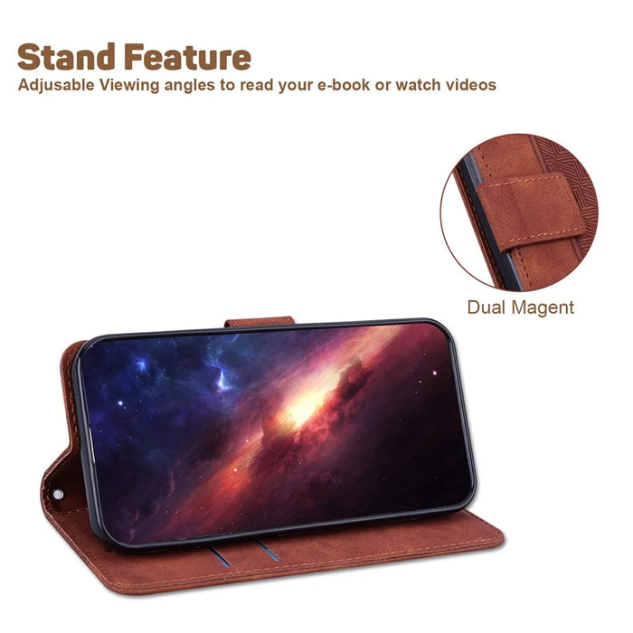 For iPhone Air Case Geometry Pattern Leather Wallet Phone Cover with Wrist Strap - Brown - 3
