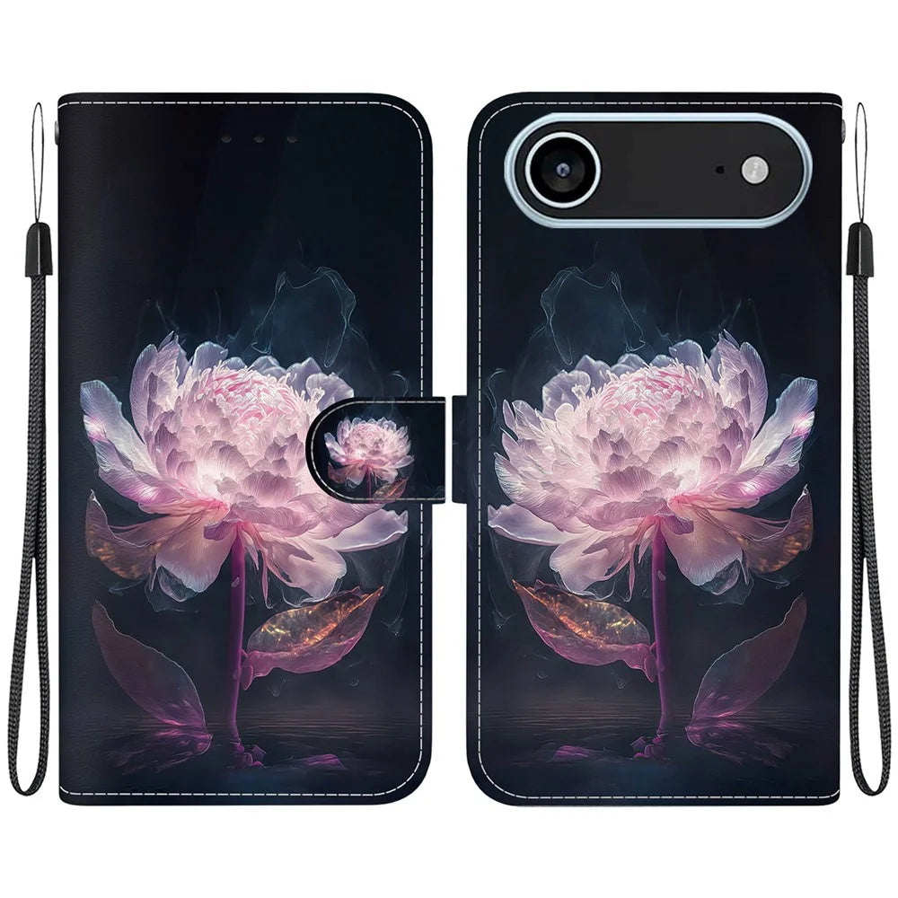 For iPhone Air Wallet Phone Case Anti-Drop Leather Flip Cover Pattern Printing with Strap - Purple Peony - 1
