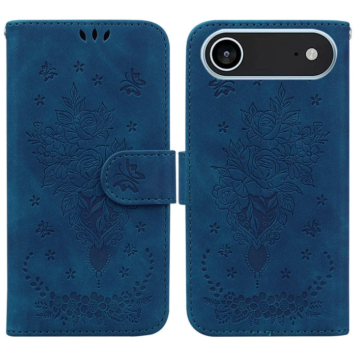 For iPhone Air Case Butterfly Flower Imprint PU Leather Wallet Phone Cover with Strap - Blue - 1