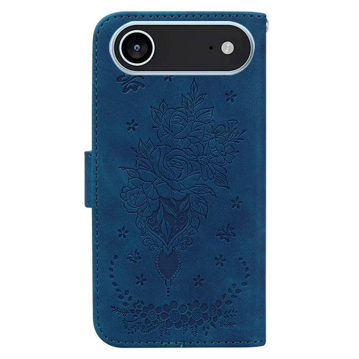 For iPhone Air Case Butterfly Flower Imprint PU Leather Wallet Phone Cover with Strap - Blue - 7
