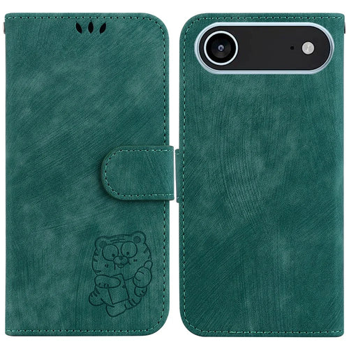 For iPhone Air Wallet Case Tiger Imprint Leather Shockproof Phone Cover with Wrist Strap - Green - 1