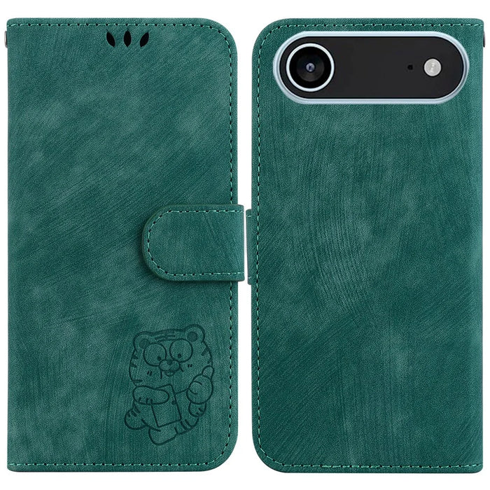 For iPhone Air Wallet Case Tiger Imprint Leather Shockproof Phone Cover with Wrist Strap - Green - 1