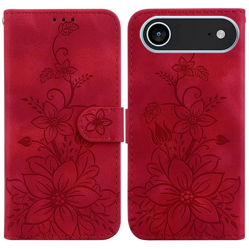 For iPhone Air Stand Case Lily Flower Imprint Leather Phone Cover with Wrist Strap - Red - 1
