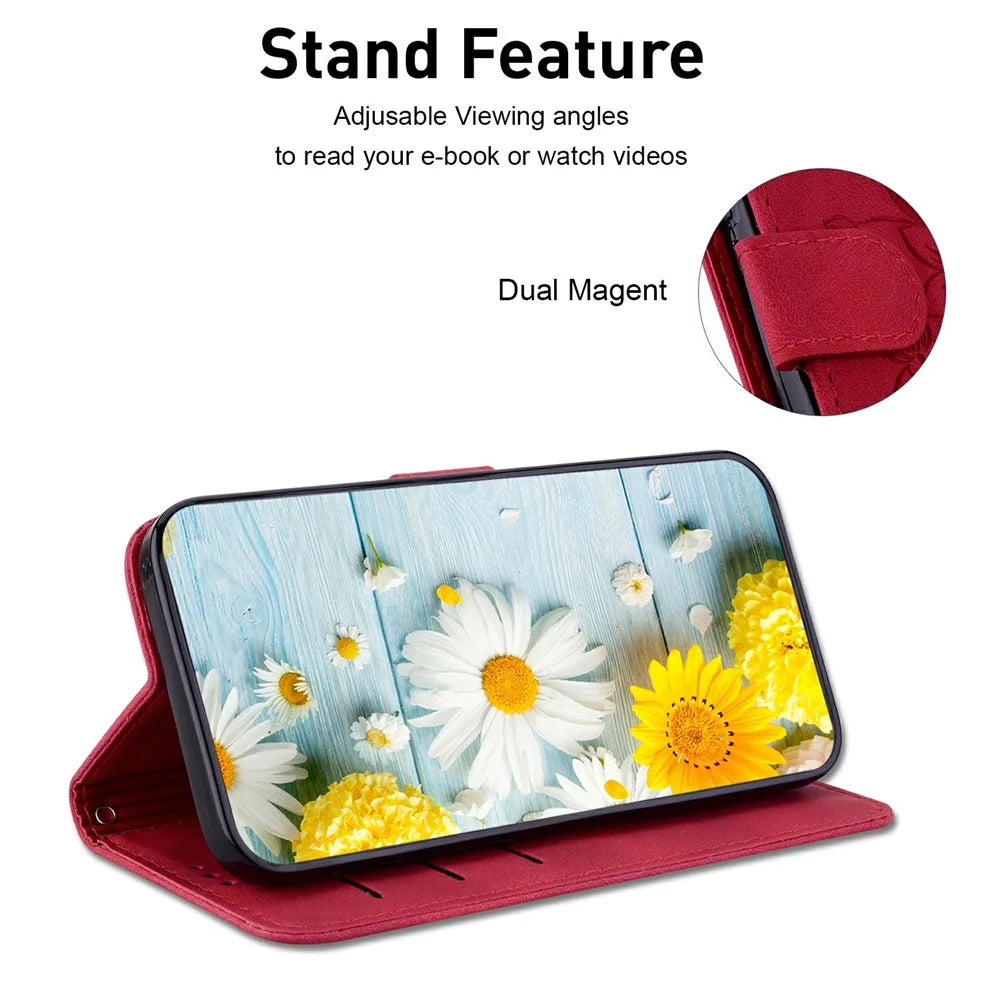 For iPhone Air Stand Case Lily Flower Imprint Leather Phone Cover with Wrist Strap - Red - 2