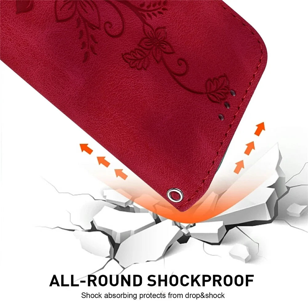 For iPhone Air Stand Case Lily Flower Imprint Leather Phone Cover with Wrist Strap - Red - 4