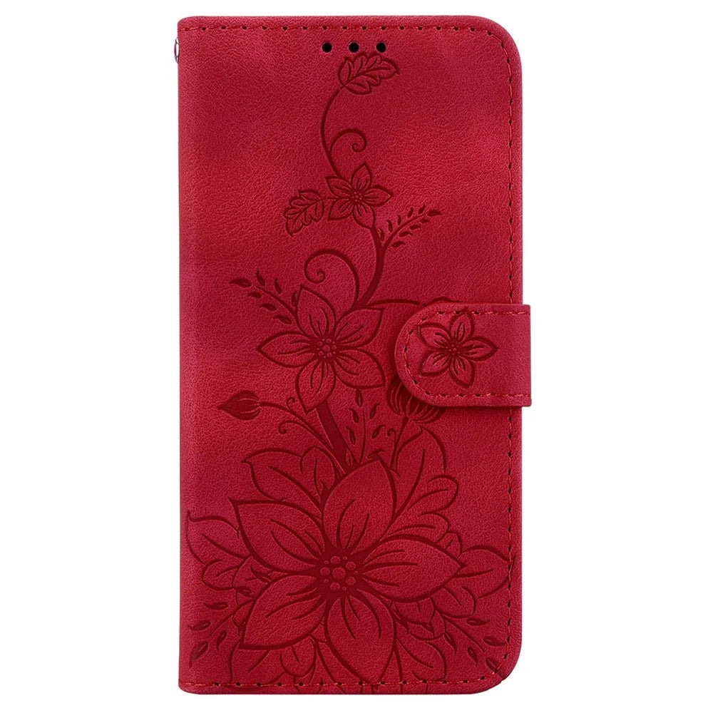 For iPhone Air Stand Case Lily Flower Imprint Leather Phone Cover with Wrist Strap - Red - 6