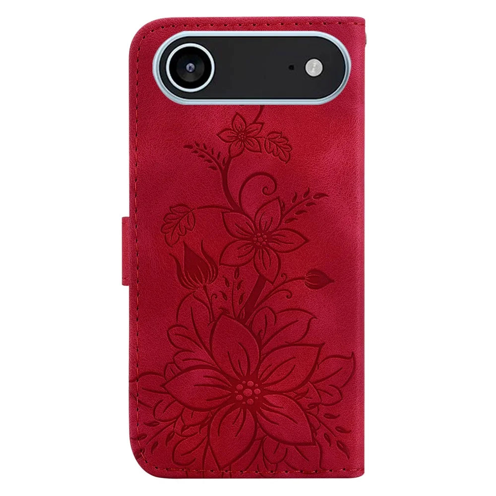 For iPhone Air Stand Case Lily Flower Imprint Leather Phone Cover with Wrist Strap - Red - 7