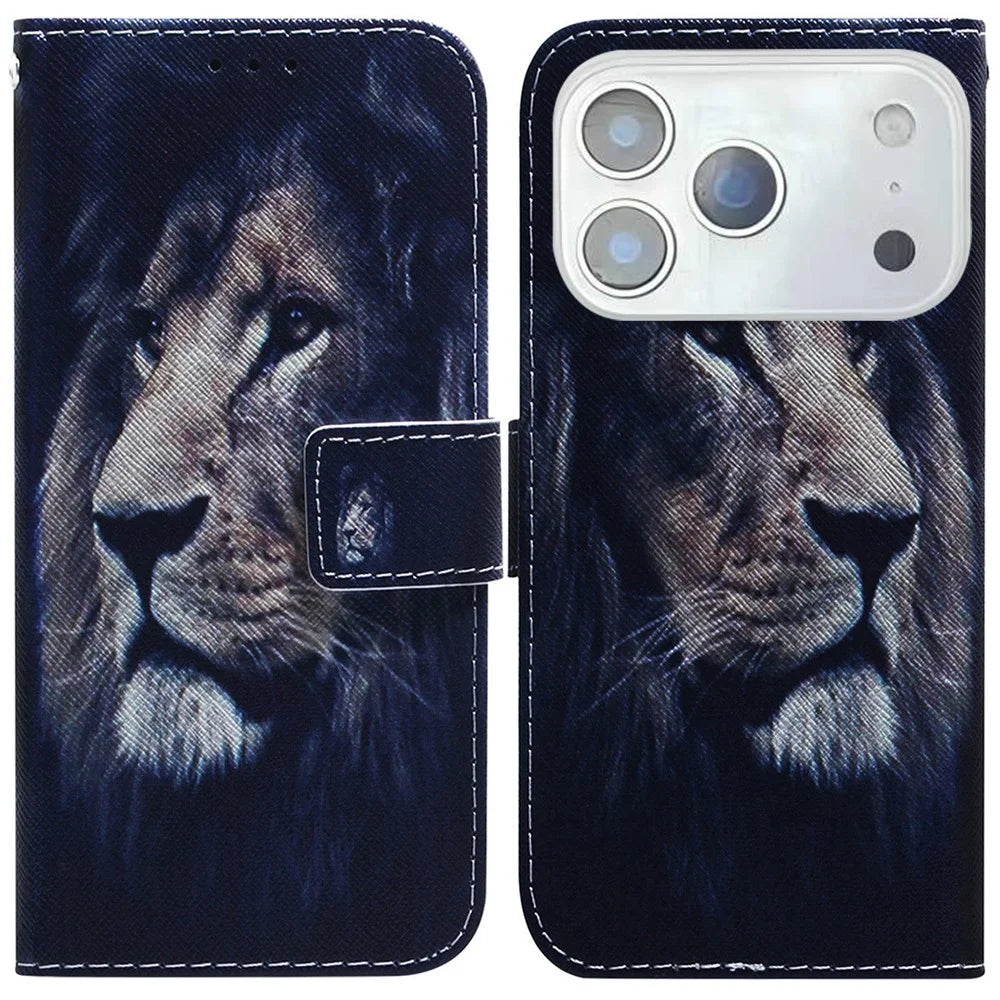 For iPhone 18 Pro / 17 Pro Wallet Case Pattern Print Leather Phone Cover - Lion - 1