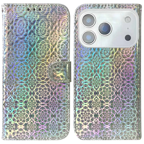 For iPhone 18 Pro / 17 Pro Stand Case Dazzling Flower Leather Phone Cover with Wrist Strap - Grey - 1