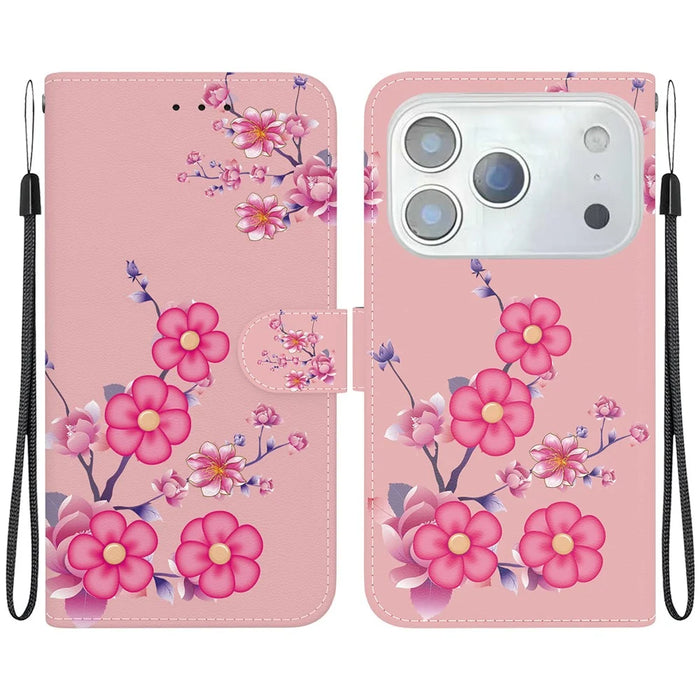 For iPhone 18 Pro / 17 Pro Wallet Phone Case Anti-Drop Leather Flip Cover Pattern Printing with Strap - Sakura - 1