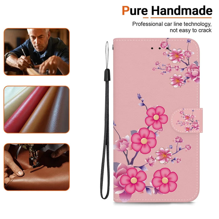 For iPhone 18 Pro / 17 Pro Wallet Phone Case Anti-Drop Leather Flip Cover Pattern Printing with Strap - Sakura - 6