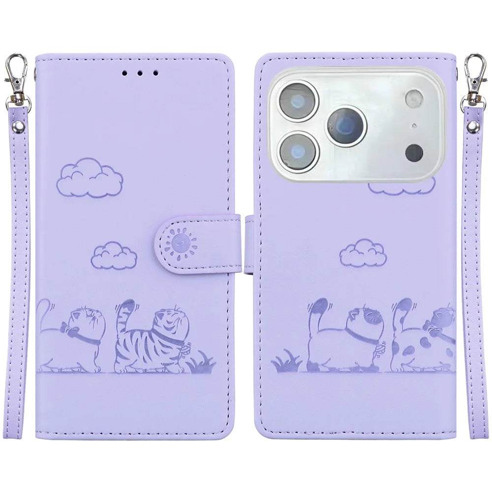 For iPhone 18 Pro / 17 Pro Case RFID Blocking Kitten Pattern TPU + PU Leather Phone Cover with Wrist Strap - Purple - 1