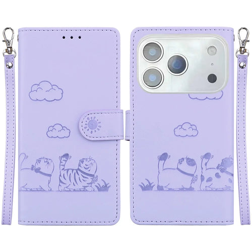 For iPhone 18 Pro / 17 Pro Case RFID Blocking Kitten Pattern TPU + PU Leather Phone Cover with Wrist Strap - Purple - 1