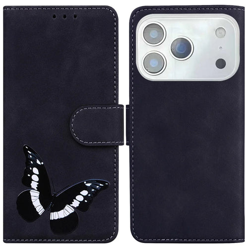 For iPhone 18 Pro / 17 Pro Stand Case PU Leather Phone Cover Butterfly Printed - Black - 1
