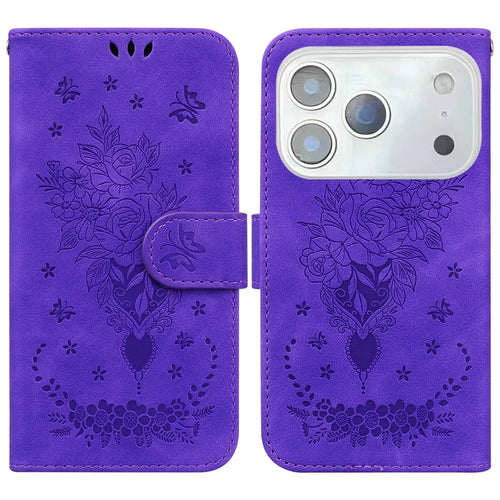 For iPhone 18 Pro / 17 Pro Case Butterfly Flower Imprint PU Leather Wallet Phone Cover with Strap - Purple - 1