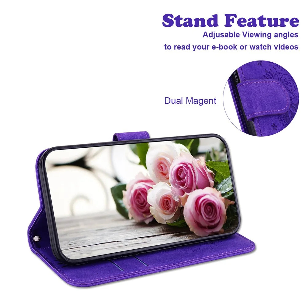 For iPhone 18 Pro / 17 Pro Case Butterfly Flower Imprint PU Leather Wallet Phone Cover with Strap - Purple - 3