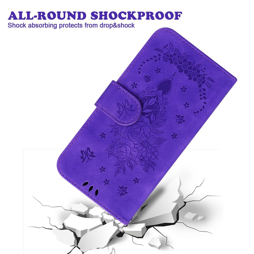 For iPhone 18 Pro / 17 Pro Case Butterfly Flower Imprint PU Leather Wallet Phone Cover with Strap - Purple - 5