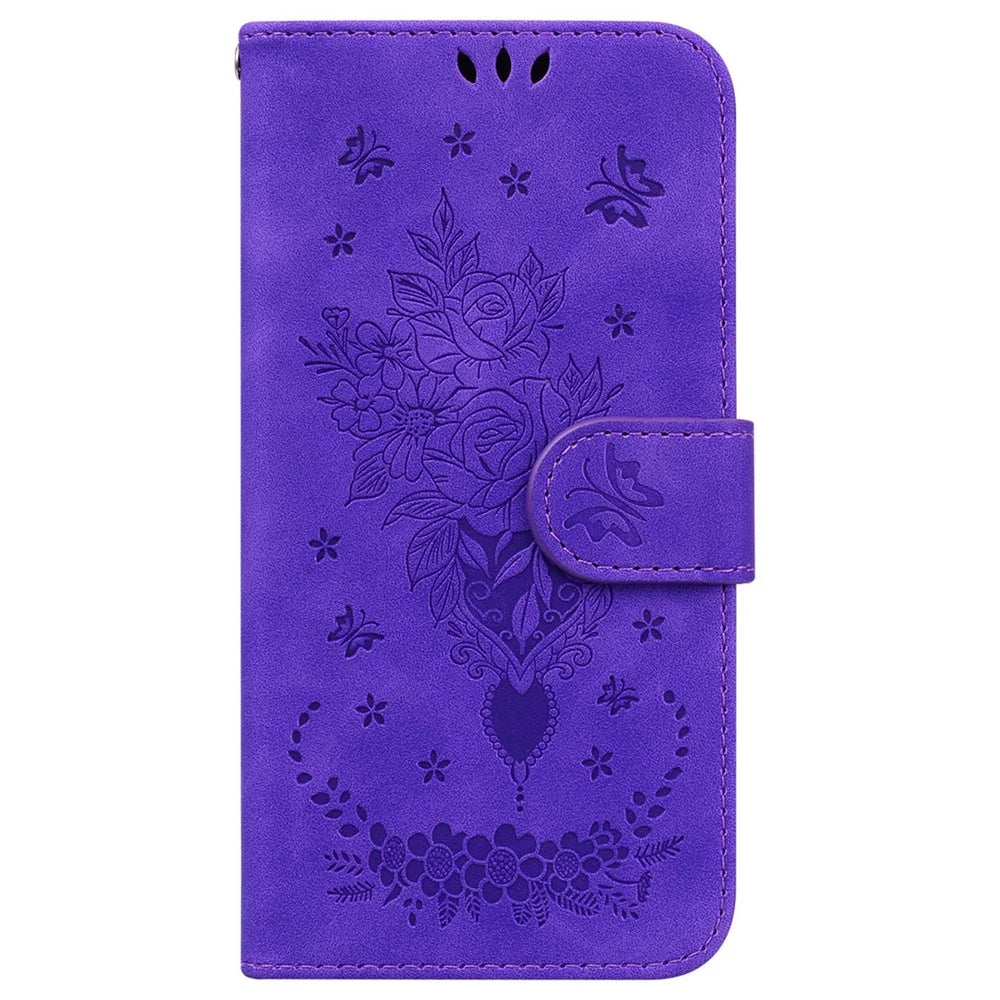For iPhone 18 Pro / 17 Pro Case Butterfly Flower Imprint PU Leather Wallet Phone Cover with Strap - Purple - 6