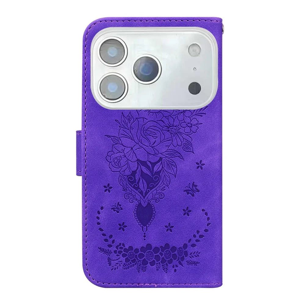 For iPhone 18 Pro / 17 Pro Case Butterfly Flower Imprint PU Leather Wallet Phone Cover with Strap - Purple - 7