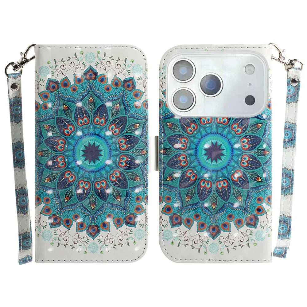 For iPhone 18 Pro / 17 Pro Case Pattern Printing Leather Wallet Phone Cover with Wrist Strap - Peacock Wreath - 1