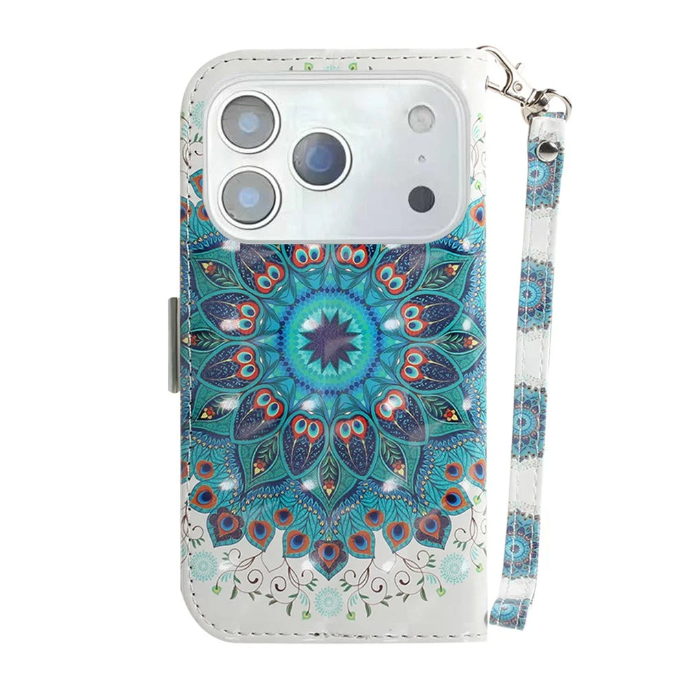 For iPhone 18 Pro / 17 Pro Case Pattern Printing Leather Wallet Phone Cover with Wrist Strap - Peacock Wreath - 7