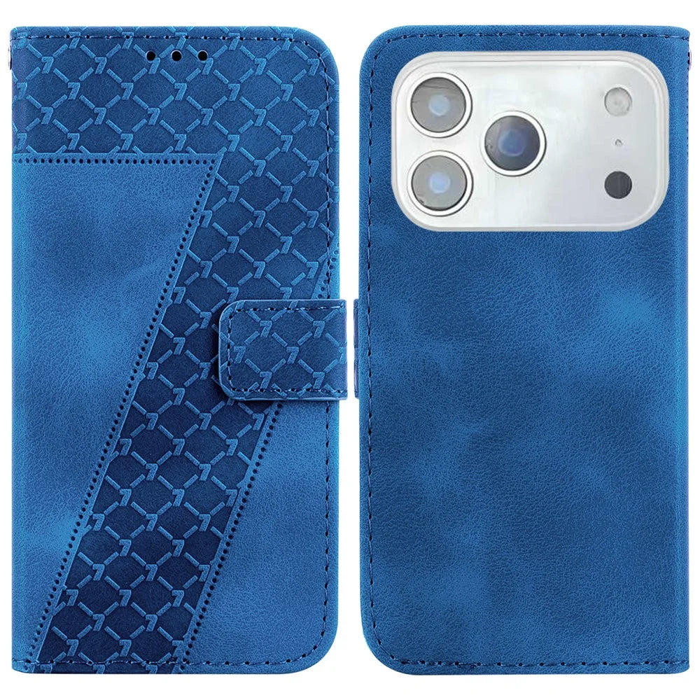 For iPhone 18 Pro / 17 Pro Stand Case 7-Shaped Pattern Imprint Leather Phone Cover with Strap - Dark Blue - 1