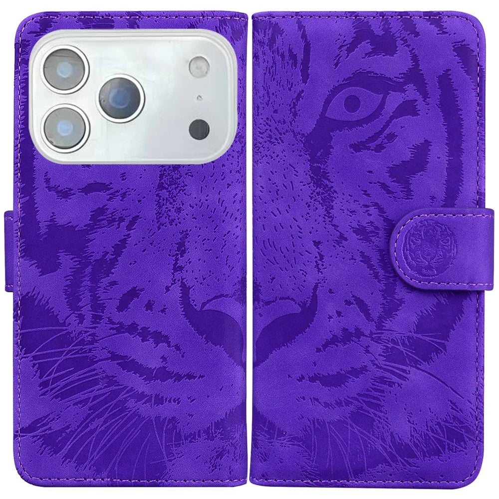 For iPhone 18 Pro / 17 Pro Case Tiger Imprint Leather Wallet Phone Cover - Purple - 1