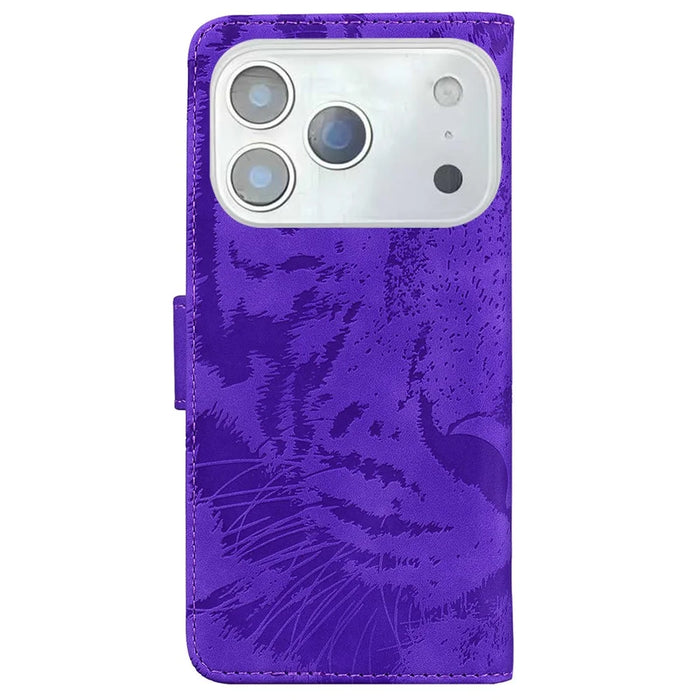 For iPhone 18 Pro / 17 Pro Case Tiger Imprint Leather Wallet Phone Cover - Purple - 7