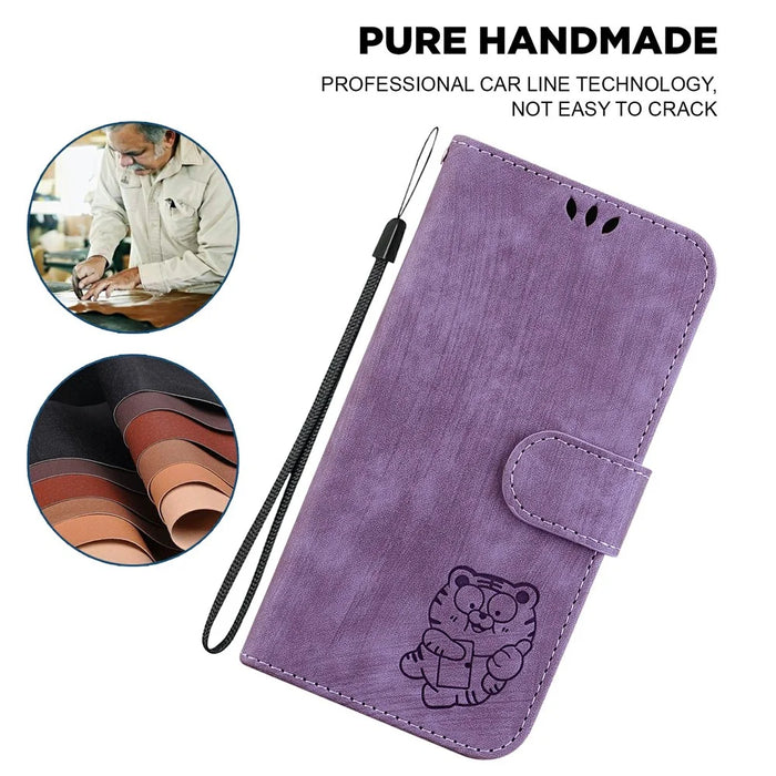 For iPhone 18 Pro / 17 Pro Wallet Case Tiger Imprint Leather Shockproof Phone Cover with Wrist Strap - Purple - 7