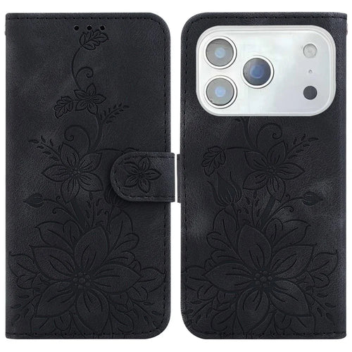 For iPhone 18 Pro / 17 Pro Stand Case Lily Flower Imprint Leather Phone Cover with Wrist Strap - Black - 1