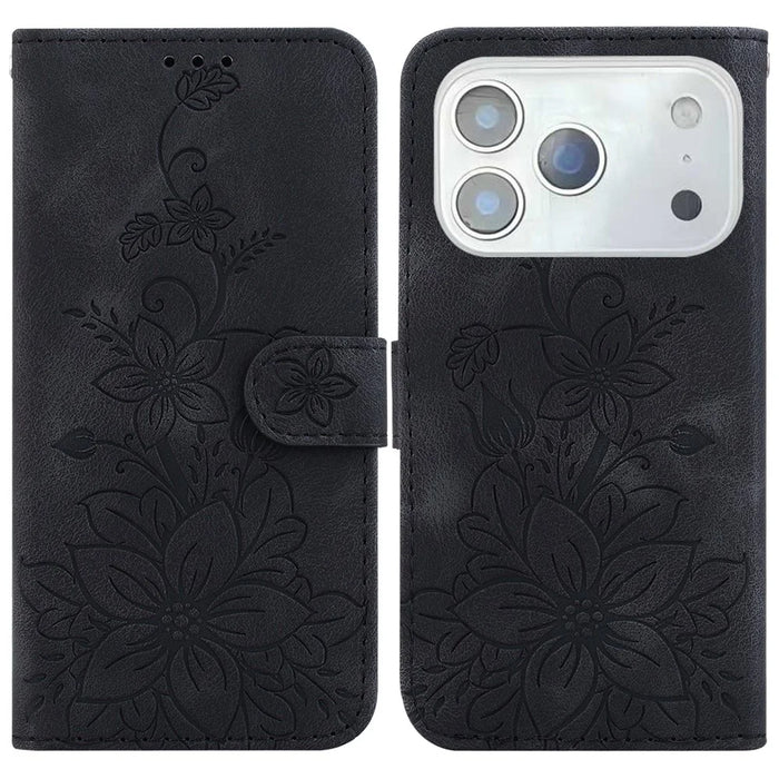For iPhone 18 Pro / 17 Pro Stand Case Lily Flower Imprint Leather Phone Cover with Wrist Strap - Black - 1