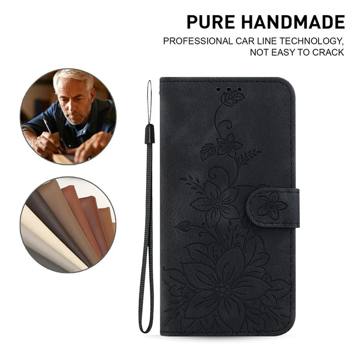 For iPhone 18 Pro / 17 Pro Stand Case Lily Flower Imprint Leather Phone Cover with Wrist Strap - Black - 5
