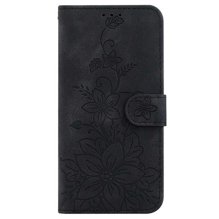 For iPhone 18 Pro / 17 Pro Stand Case Lily Flower Imprint Leather Phone Cover with Wrist Strap - Black - 6