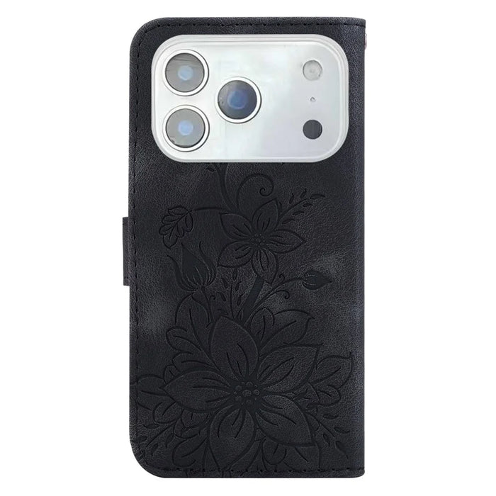 For iPhone 18 Pro / 17 Pro Stand Case Lily Flower Imprint Leather Phone Cover with Wrist Strap - Black - 7
