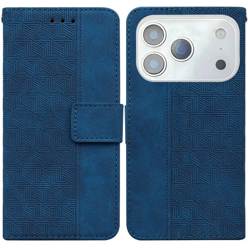 For iPhone 18 Pro Max / 17 Pro Max Case Geometry Pattern Leather Wallet Phone Cover with Wrist Strap - Blue - 1