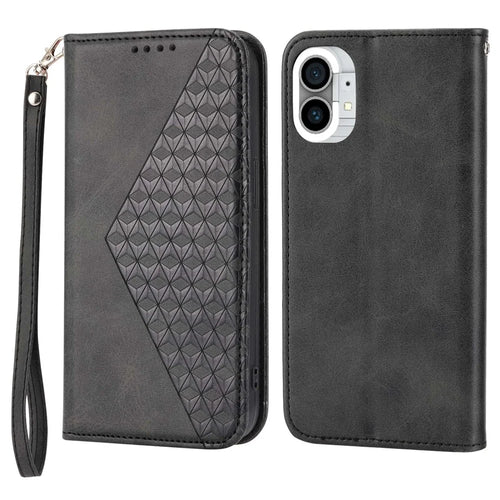 For Nothing phone (1) 5G Rhombus Pattern Imprinted Phone Case Calf Texture PU Leather Stand Magnetic Absorption Wallet Cover with Strap - Black - 1