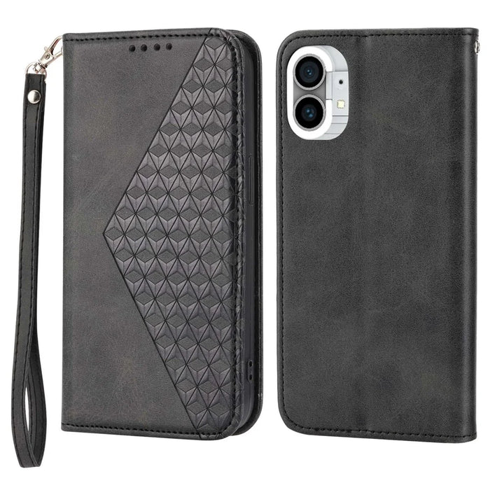 For Nothing phone (1) 5G Rhombus Pattern Imprinted Phone Case Calf Texture PU Leather Stand Magnetic Absorption Wallet Cover with Strap - Black - 1