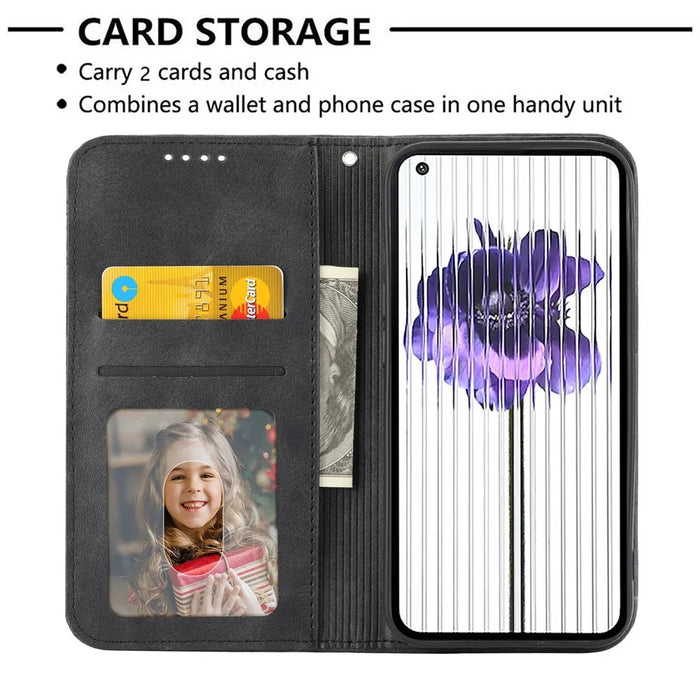 For Nothing phone (1) 5G Rhombus Pattern Imprinted Phone Case Calf Texture PU Leather Stand Magnetic Absorption Wallet Cover with Strap - Black - 3