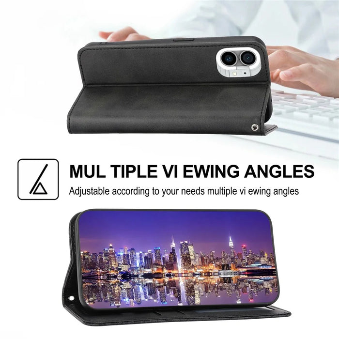 For Nothing phone (1) 5G Rhombus Pattern Imprinted Phone Case Calf Texture PU Leather Stand Magnetic Absorption Wallet Cover with Strap - Black - 4