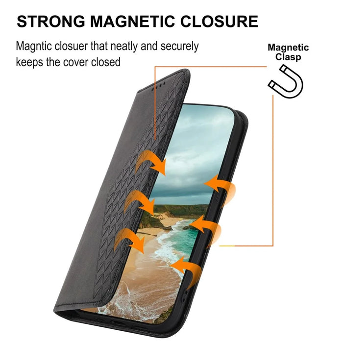 For Nothing phone (1) 5G Rhombus Pattern Imprinted Phone Case Calf Texture PU Leather Stand Magnetic Absorption Wallet Cover with Strap - Black - 5